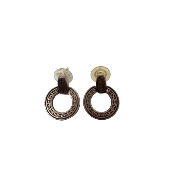 Vintage Sivertone Door Knocker Earrings Embossed 1 1/8" Drop Post Pierced - Picture 3 of 6